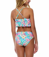 Beach Lingo Big Girls 7-16 Spaghetti Cross Back Straps Flower Printed Bralette Top & Hight Waist Bottom Two-Piece Swimsuit