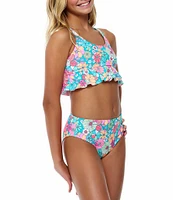 Beach Lingo Big Girls 7-16 Spaghetti Cross Back Straps Flower Printed Bralette Top & Hight Waist Bottom Two-Piece Swimsuit