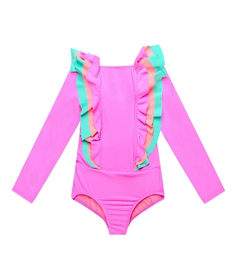 Beach Lingo Little Girls 2T-7 Long Sleeve Colorblock Ruffle Detail One-Piece Swimsuit