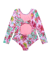 Beach Lingo Little Girls 2T-7 Long Sleeve Open Back Ruffle Detail One-Piece Swimsuit