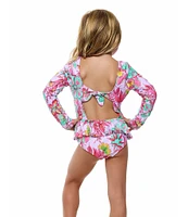 Beach Lingo Little Girls 2T-7 Long Sleeve Open Back Ruffle Detail One-Piece Swimsuit