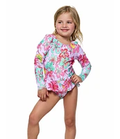 Beach Lingo Little Girls 2T-7 Long Sleeve Open Back Ruffle Detail One-Piece Swimsuit