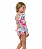 Beach Lingo Little Girls 2T-7 Long Sleeve Open Back Ruffle Detail One-Piece Swimsuit