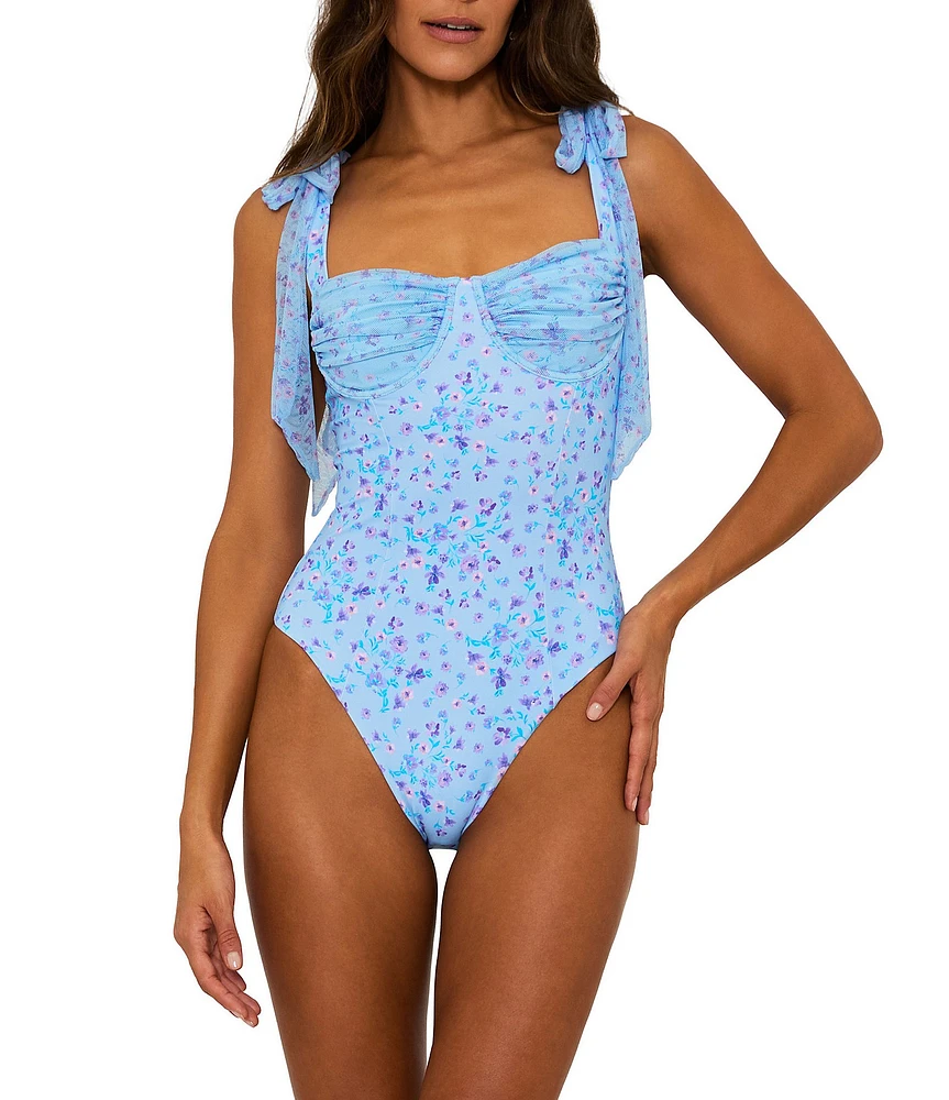 Beach Riot Dede Ruched Mesh Underwire Tie Shoulder One Piece Swimsuit