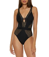 Becca By Rebecca Virtue Castaway Fishnet Texture Plunge Neck One Piece Swimsuit