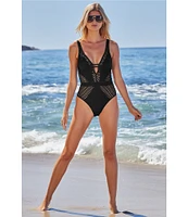 Becca By Rebecca Virtue Castaway Fishnet Texture Plunge Neck One Piece Swimsuit