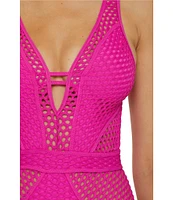 Becca By Rebecca Virtue Castaway Fishnet Texture Plunge Neck One Piece Swimsuit