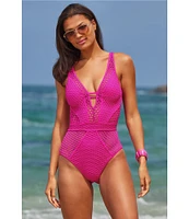 Becca By Rebecca Virtue Castaway Fishnet Texture Plunge Neck One Piece Swimsuit