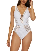 Becca By Rebecca Virtue Castaway Fishnet Texture Plunge Neck One Piece Swimsuit