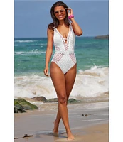 Becca By Rebecca Virtue Castaway Fishnet Texture Plunge Neck One Piece Swimsuit