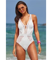 Becca By Rebecca Virtue Castaway Fishnet Texture Plunge Neck One Piece Swimsuit