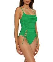 Becca By Rebecca Virtue Color Code Square Neck Lace-Up Shirred One Piece Swimsuit