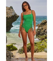 Becca By Rebecca Virtue Color Code Square Neck Lace-Up Shirred One Piece Swimsuit