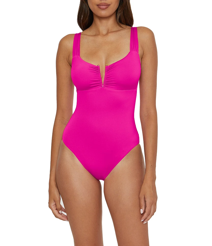Becca By Rebecca Virtue Color Code V-Wire Neck Shirred Front One Piece Swimsuit