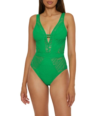 Becca By Rebecca Virtue Color Play Show & Tell Crochet Plunge Neck One Piece Swimsuit