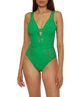 Becca By Rebecca Virtue Color Play Show & Tell Crochet Plunge Neck One Piece Swimsuit
