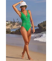 Becca By Rebecca Virtue Color Play Show & Tell Crochet Plunge Neck One Piece Swimsuit