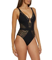 Becca By Rebecca Virtue Color Play Show & Tell Crochet Plunge Neck One Piece Swimsuit