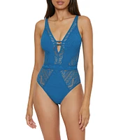 Becca By Rebecca Virtue Color Play Show & Tell Crochet Plunge Neck One Piece Swimsuit