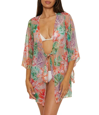 Becca By Rebecca Virtue Coral Reef Sheer knit Tie Front Kimono Swim Cover-Up