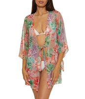 Becca By Rebecca Virtue Coral Reef Sheer knit Tie Front Kimono Swim Cover-Up