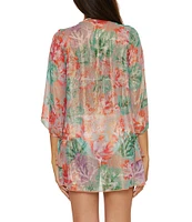Becca By Rebecca Virtue Coral Reef Sheer knit Tie Front Kimono Swim Cover-Up