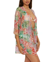 Becca By Rebecca Virtue Coral Reef Sheer knit Tie Front Kimono Swim Cover-Up