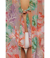 Becca By Rebecca Virtue Coral Reef Sheer knit Tie Front Kimono Swim Cover-Up