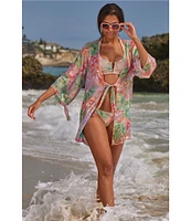 Becca By Rebecca Virtue Coral Reef Sheer knit Tie Front Kimono Swim Cover-Up