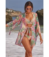 Becca By Rebecca Virtue Coral Reef Sheer knit Tie Front Kimono Swim Cover-Up
