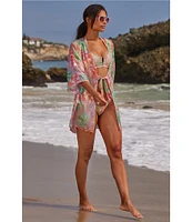 Becca By Rebecca Virtue Coral Reef Sheer knit Tie Front Kimono Swim Cover-Up
