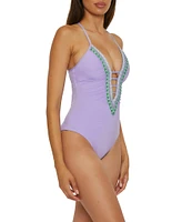 Becca By Rebecca Virtue Fiesta Clare Basket Weave Plunge Neck One Piece Swimsuit