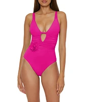 Becca By Rebecca Virtue Garden of Eden Magnolia Plunge Shirred One Piece Swimsuit