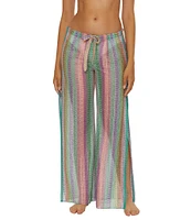 Becca By Rebecca Virtue Jacquard Crochet Knit Drawstring Waist Wide Leg Pull-On Swim Cover-Up Pants