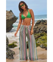 Becca By Rebecca Virtue Jacquard Crochet Knit Drawstring Waist Wide Leg Pull-On Swim Cover-Up Pants
