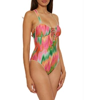 Becca By Rebecca Virtue Mirage Metallic Sweetheart Neck Lace-Up Bandeau One Piece Swimsuit