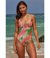 Becca By Rebecca Virtue Mirage Metallic Sweetheart Neck Lace-Up Bandeau One Piece Swimsuit
