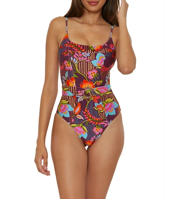 Becca By Rebecca Virtue Portofino Makenna Corset Marbleized Ring Belt One Piece Swimsuit