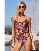 Becca By Rebecca Virtue Portofino Makenna Corset Marbleized Ring Belt One Piece Swimsuit