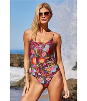 Becca By Rebecca Virtue Portofino Makenna Corset Marbleized Ring Belt One Piece Swimsuit