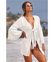 Becca By Rebecca Virtue Radiance Tie Front Bell Sleeves Swim Cover-Up Tunic