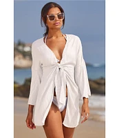 Becca By Rebecca Virtue Radiance Tie Front Bell Sleeves Swim Cover-Up Tunic