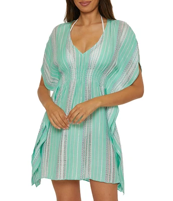 Becca By Rebecca Virtue Radiance Woven Metallic Stripe V-Neck Tunic Swim Cover-Up