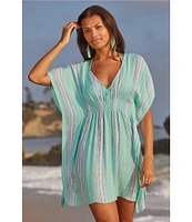 Becca By Rebecca Virtue Radiance Woven Metallic Stripe V-Neck Tunic Swim Cover-Up