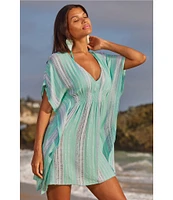 Becca By Rebecca Virtue Radiance Woven Metallic Stripe V-Neck Tunic Swim Cover-Up