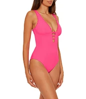 Becca By Rebecca Virtue Solid Frills Scallop Lace Plunge One Piece Swimsuit