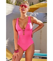 Becca By Rebecca Virtue Solid Frills Scallop Lace Plunge One Piece Swimsuit