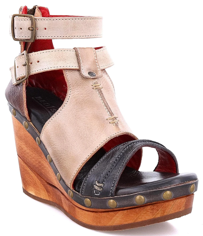 Bed Stu Princess Studded Multi-Tone Leather Platform Wedge Sandals