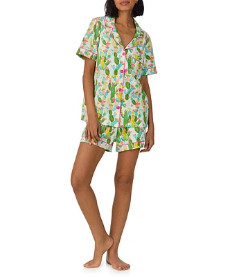 BedHead Cactus Garden Print Organic Cotton Blend Short Sleeve Notch Collar Knit Shorty Pajama Set