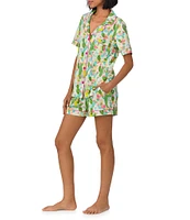 BedHead Cactus Garden Print Organic Cotton Blend Short Sleeve Notch Collar Knit Shorty Pajama Set
